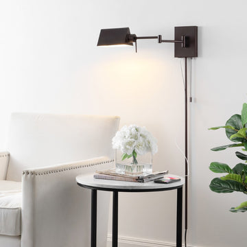 Arlo Farmhouse Industrial Single Swing Arm Plug-In or Hardwired Iron LED Wall Sconce with Pull-Chain - JONATHAN Y